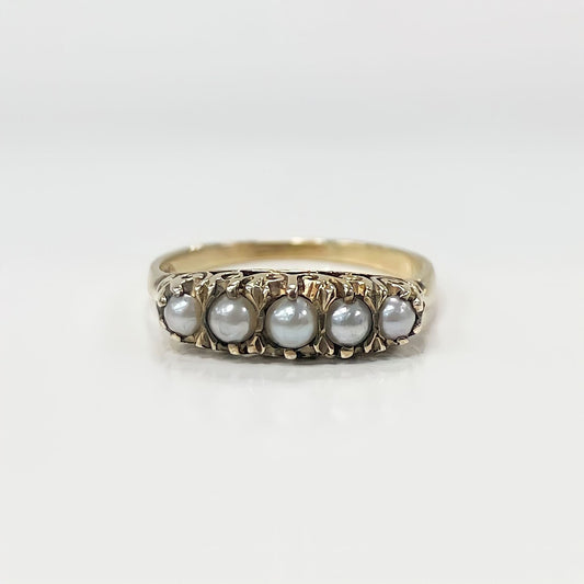 Edwardian Inspired 9ct Yellow Gold 5 Stone Pearl Ring - Size L 1/2