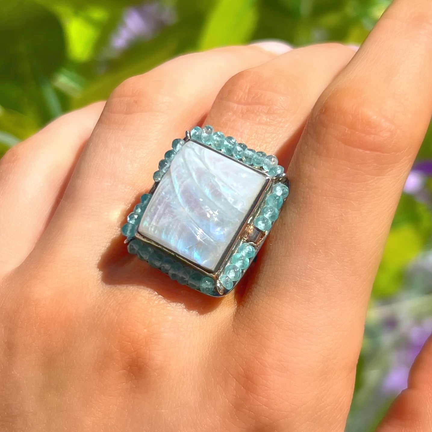Square Rainbow Moonstone & Aquamarine Beaded Bohemian Ring | Adjustable Size