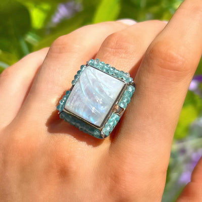 Square Rainbow Moonstone & Aquamarine Beaded Bohemian Ring | Adjustable Size