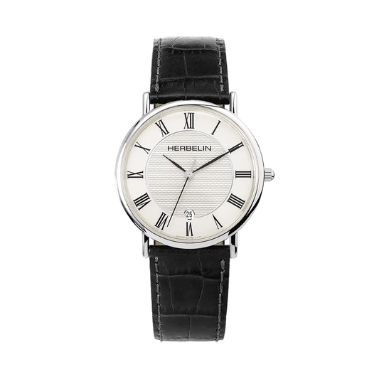 Herbelin Classic Gents Black Leather Steel Watch with White Dial