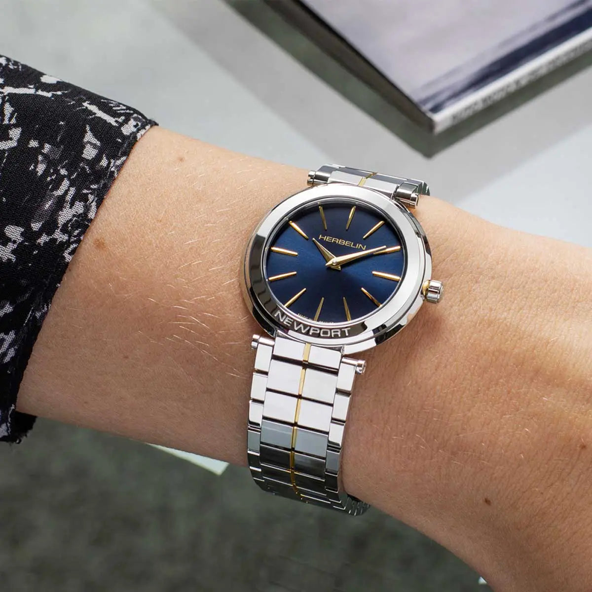 Herbelin Newport Slim Steel Watch with Black Leather Strap