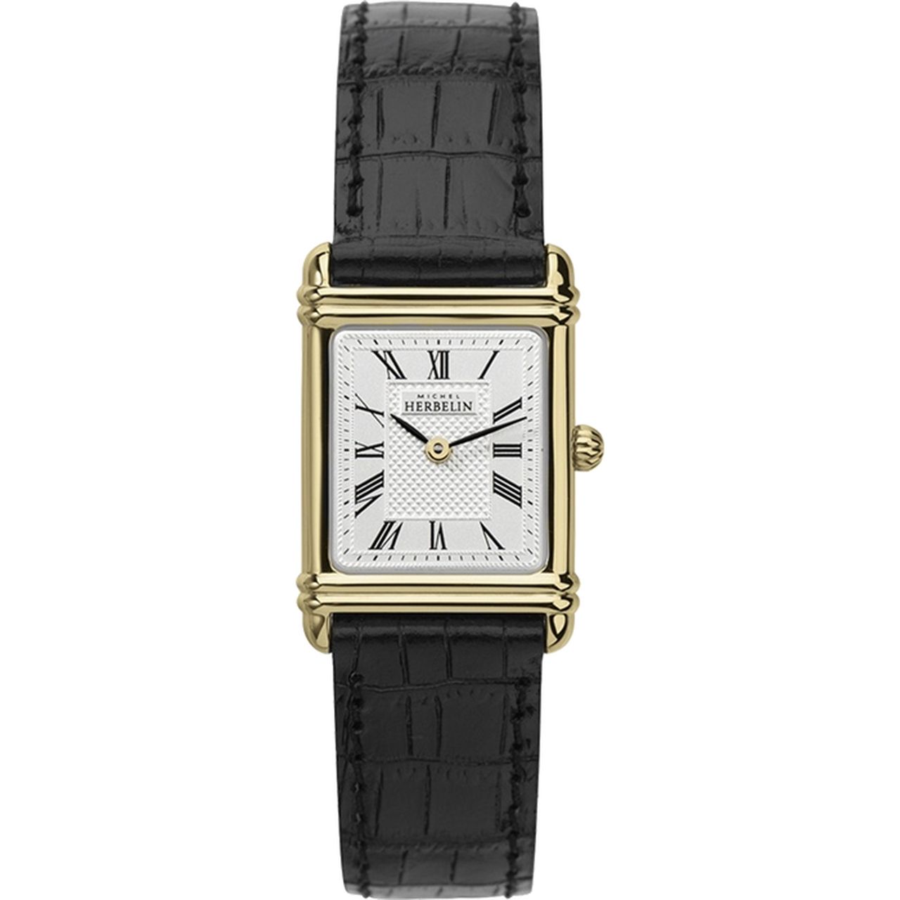 Herbelin Art Deco Ladies Gold Steel Square Watch with Black Leather Strap