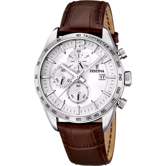 Festina Gents Timeless Chronograph Brown Leather White Dial Watch