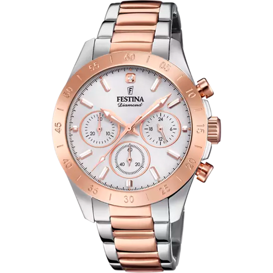 Ladies Festina Boyfrind Rose Gold & Silver Two-Tone Steel White Dial Watch