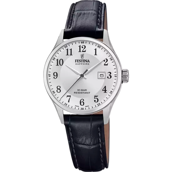 Ladies Festina Swiss Steel Silver Dial Black Leather Strap Watch