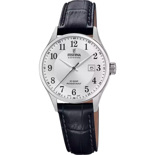 Ladies Festina Swiss Steel Silver Dial Black Leather Strap Watch