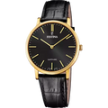 Festina Gents Swiss Gold Steel Black Dial Black Leather Strap Watch
