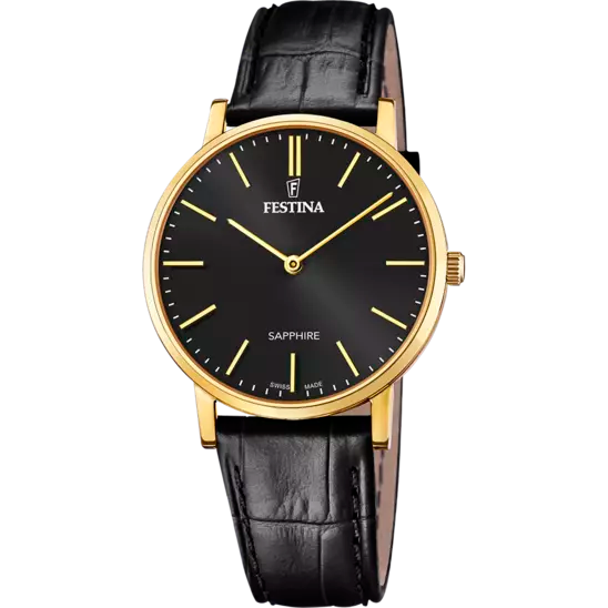 Gents Festina Swiss Gold Steel Black Dial Black Leather Strap Watch