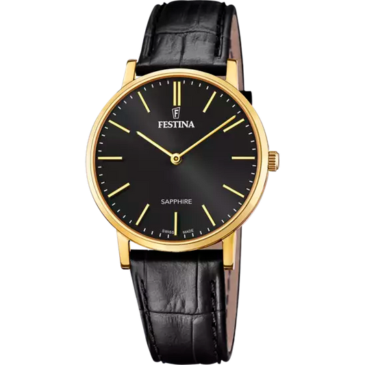 Gents Festina Swiss Gold Steel Black Dial Black Leather Strap Watch