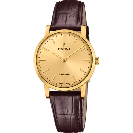 Ladies Festina Swiss Steel Gold Dial Brown Leather Strap Watch