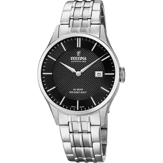 Gents Festina Swiss Silver Steel Black Dial Watch