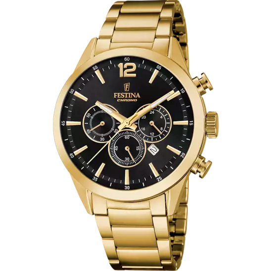 Festina Gents Timeless Chronograph Gold Steel Black Dial Watch