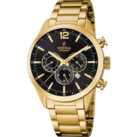 Gents Festina Timeless Chronograph Gold Steel Black Dial Watch