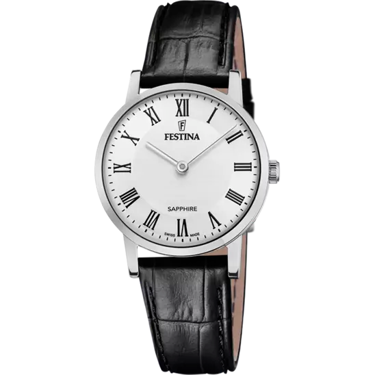 Ladies Festina Swiss Steel White Dial Black Leather Strap Watch