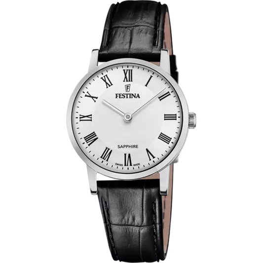 Ladies Festina Swiss Steel White Dial Black Leather Strap Watch