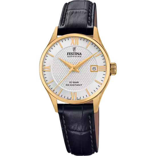 Ladies Festina Swiss Gold Steel Black Leather Strap Watch