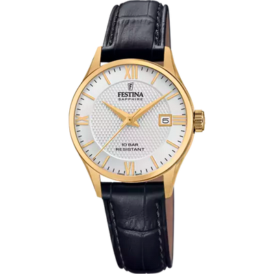Festina Ladies Swiss Gold Steel Black Leather Strap Watch