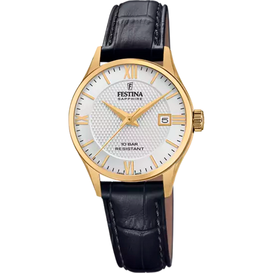 Ladies Festina Swiss Gold Steel Black Leather Strap Watch