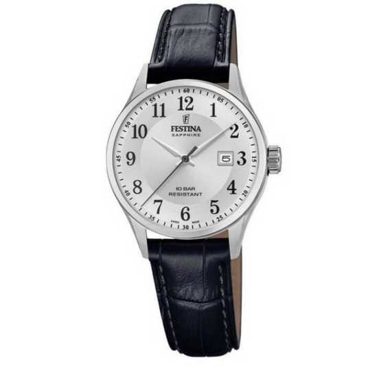 Ladies Festina Swiss Steel White Dial Black Leather Strap Watch