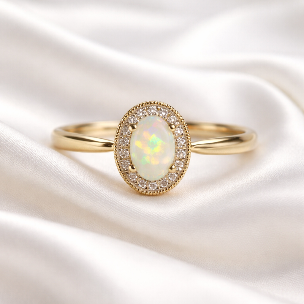 Oval Opal and Diamond 9ct Yellow Gold Halo Ring | Size O