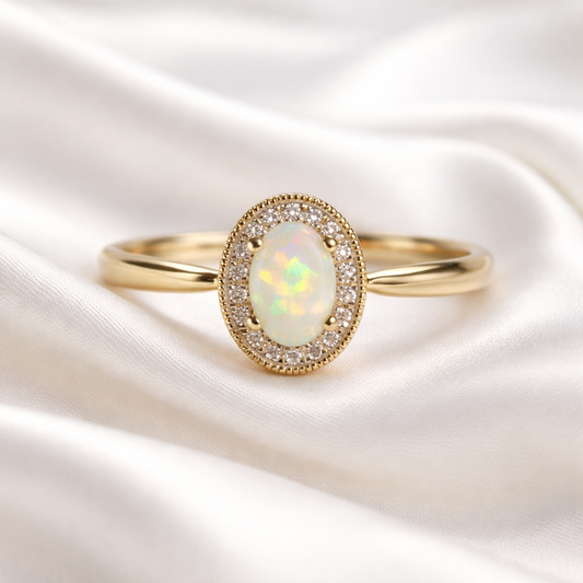 Sweet Feminine 9ct Yellow Gold Oval Opal and Diamond Halo Ring - Size O