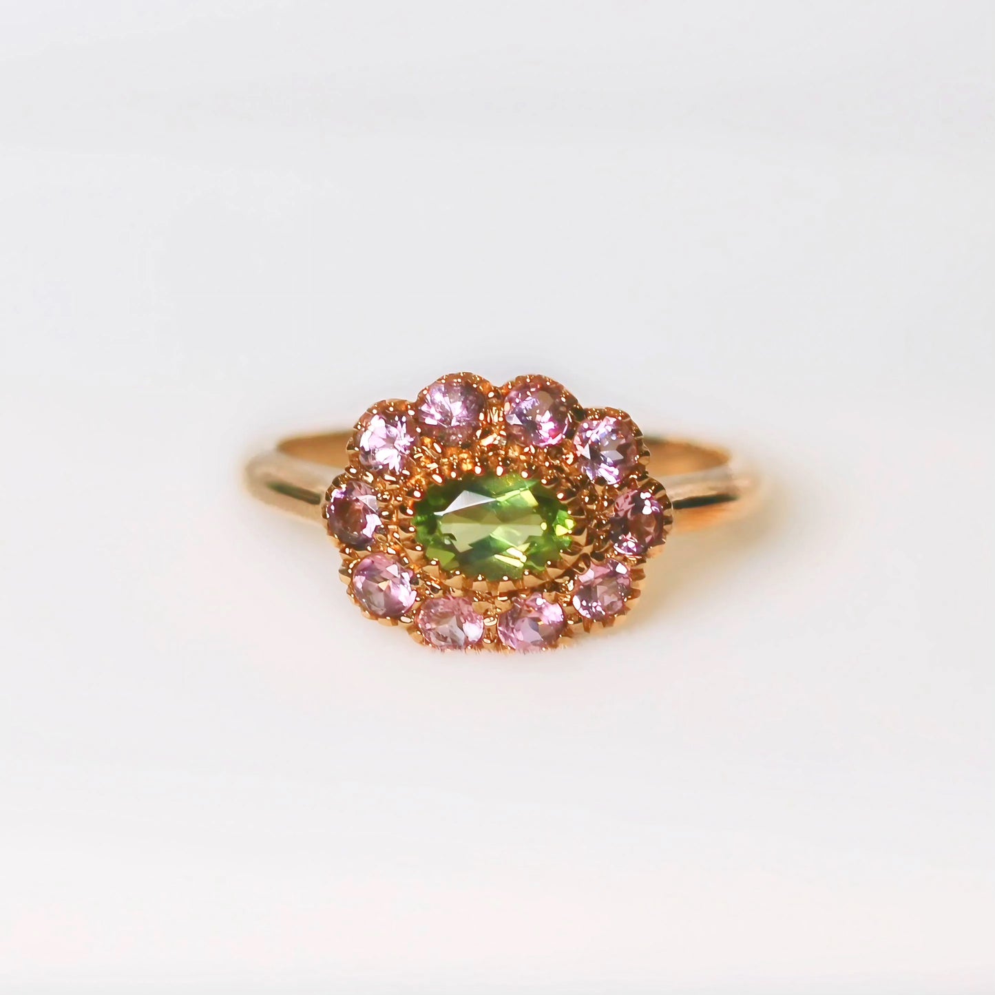 ‘Arabella’ Victorian Reproduction 9ct Yellow Gold Peridot and Pink Tourmaline Floral Inspired Ring - Size O