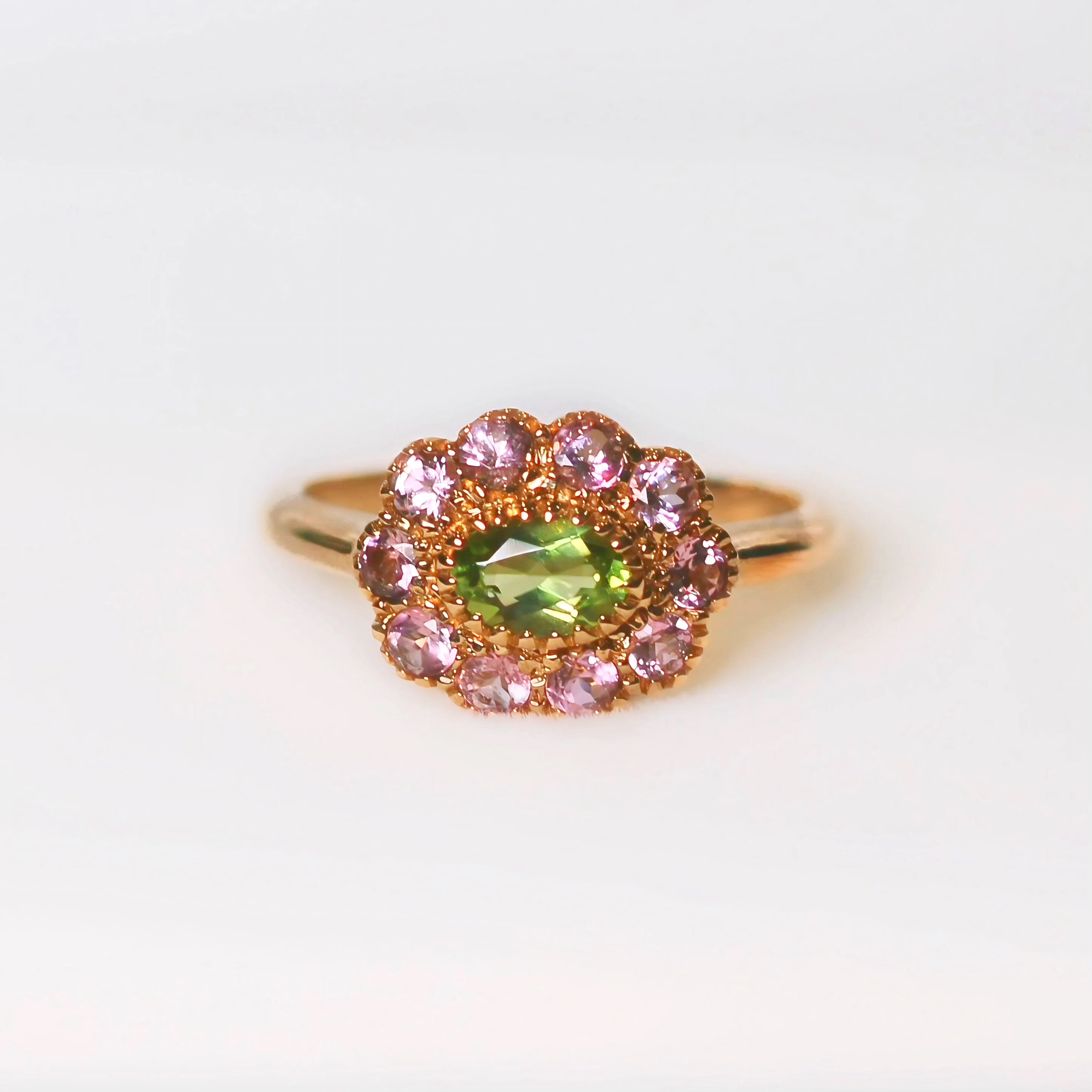 'The Arabella' Victorian Reproduction Peridot and Pink Tourmaline 9ct Yellow Gold Floral Inspired Ring | Size O