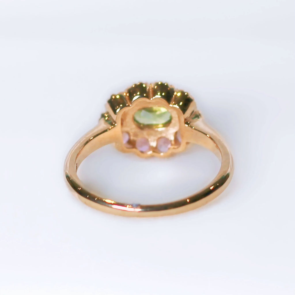 'The Arabella' Victorian Reproduction Peridot and Pink Tourmaline 9ct Yellow Gold Floral Inspired Ring | Size O