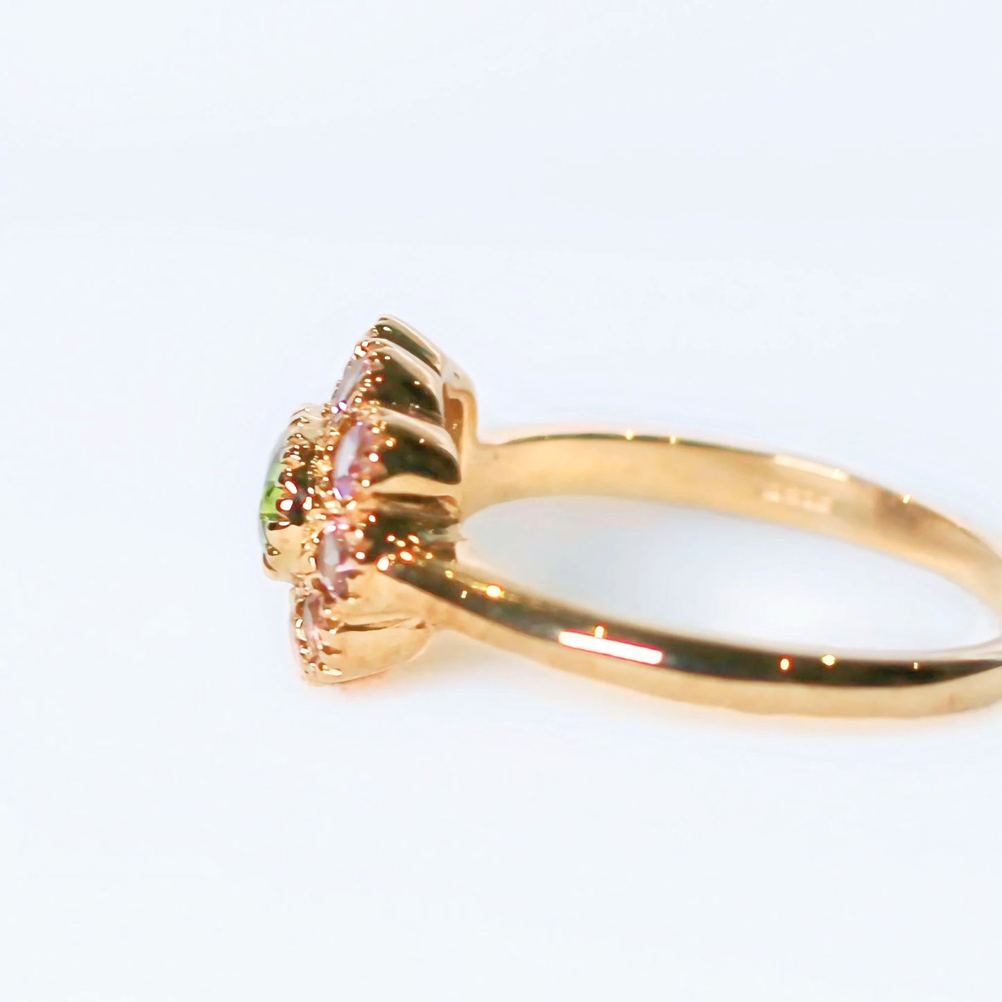 ‘Arabella’ Victorian Reproduction 9ct Yellow Gold Peridot and Pink Tourmaline Floral Inspired Ring - Size O