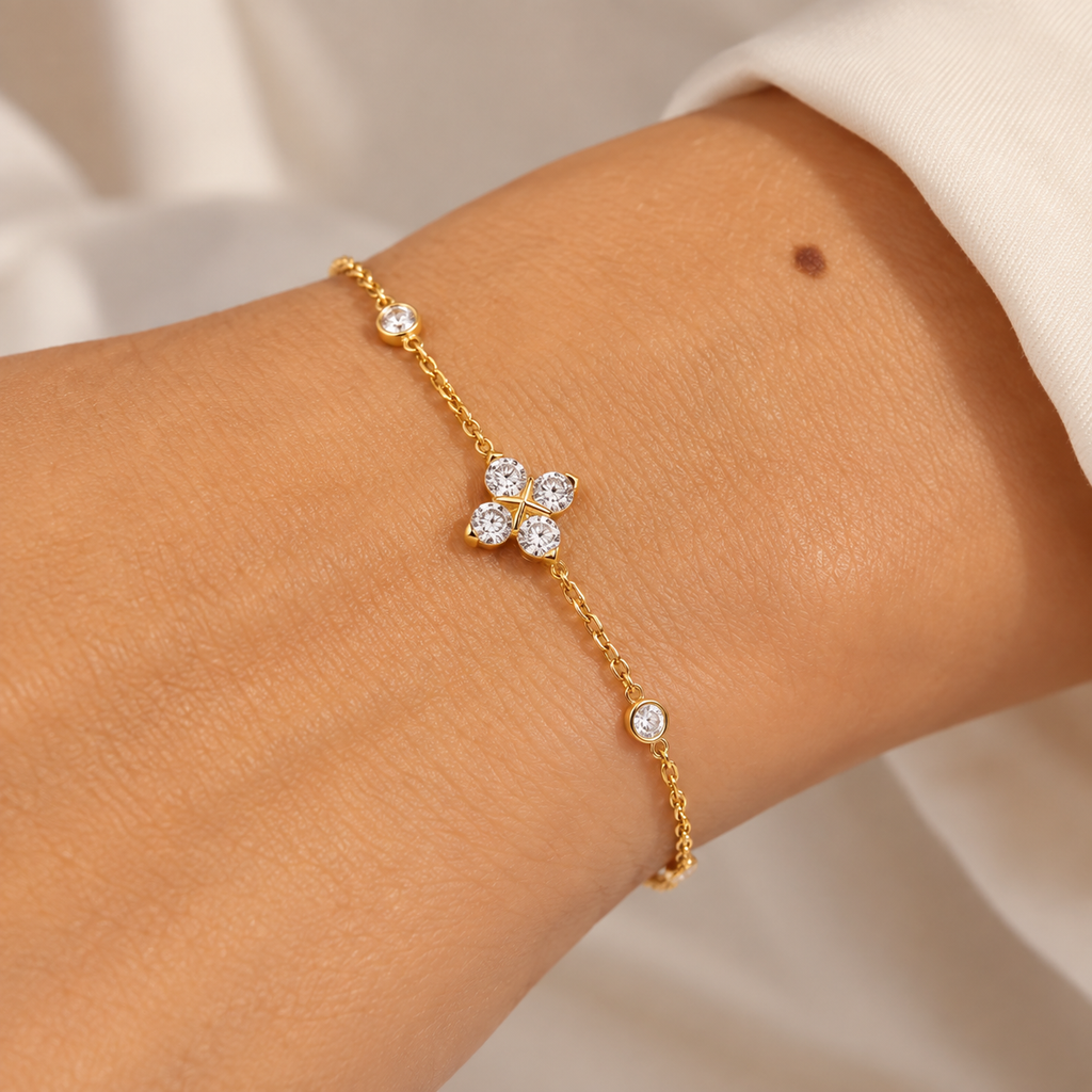 Lucky Clover 14ct Gold Plated Cubic Zirconia Bracelet | Ania Haie