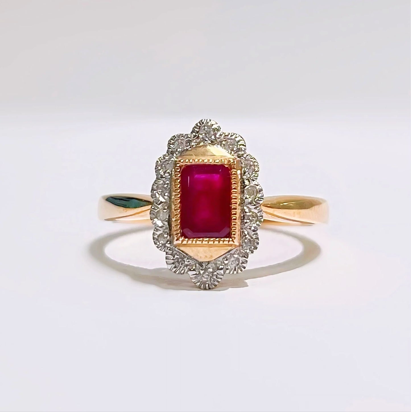 Edwardian Inspired 9ct Yellow Gold Red Ruby and Diamond Ring - Size N 1/2