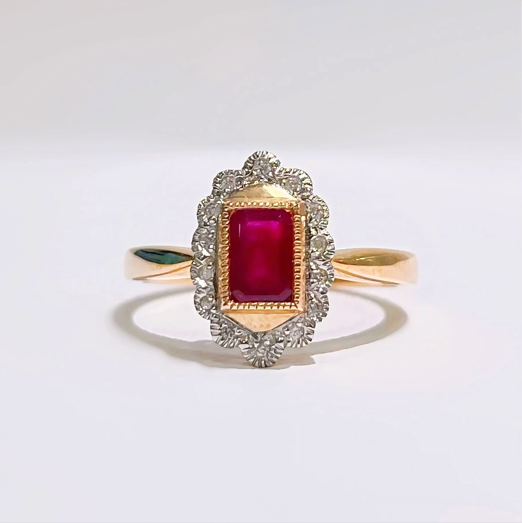 'The Snow' Ruby and Diamond 9ct Yellow Gold Ring | Size N ½