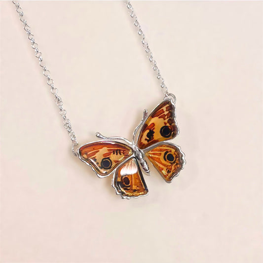 Sterling Silver Amber Peacock Pansy Butterfly Necklace