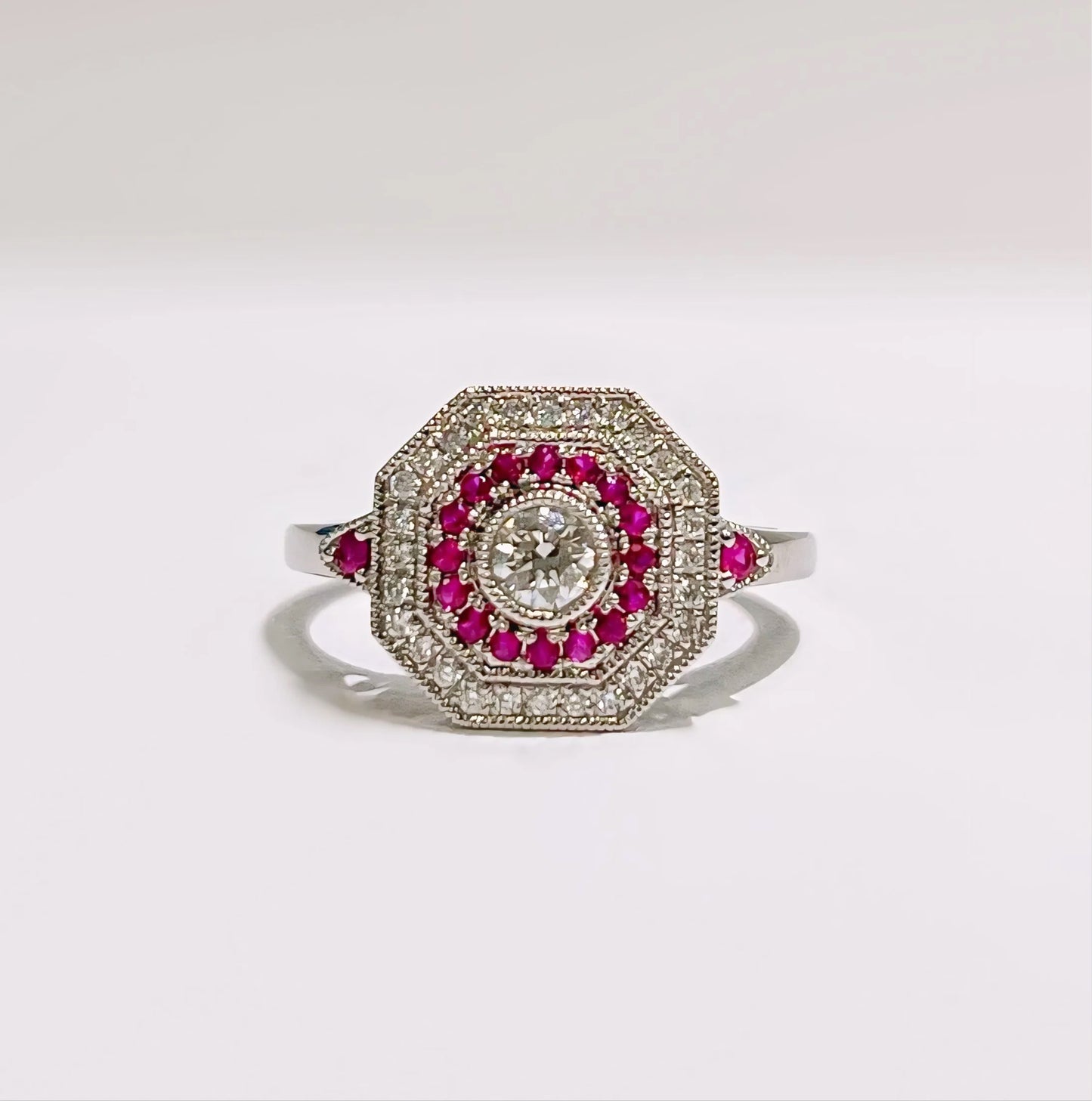 18ct White Gold Art Deco Reproduction Ruby and Diamond Halo Cluster Ring - Size N ½