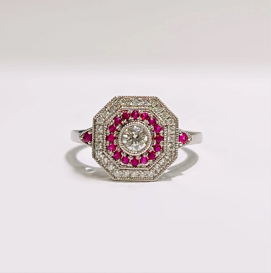 18ct White Gold Art Deco Reproduction Ruby and Diamond Halo Cluster Ring - Size N 1/2