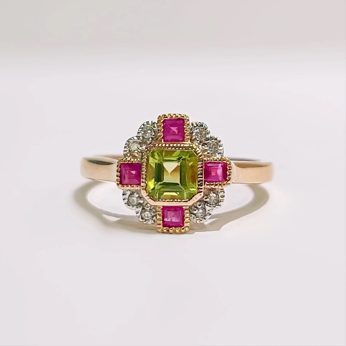 9ct Yellow Gold Art Deco Reproduction Green Peridot, Pink Ruby and Diamond Ring – Size O