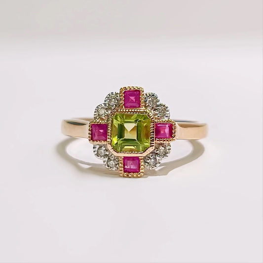 9ct Yellow Gold Art Deco Reproduction Green Peridot, Pink Ruby and Diamond Ring – SIZE O