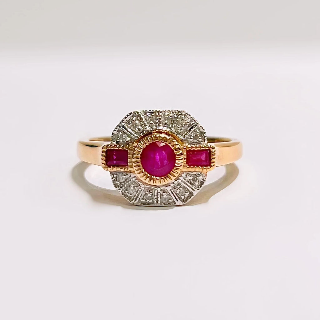 Ruby and Diamond Art Deco Reproduction 9ct Yellow Gold Ring | Size N