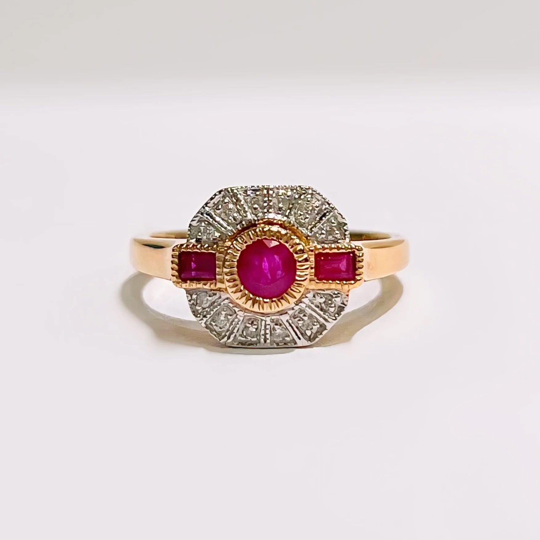 Ruby and Diamond Art Deco Reproduction 9ct Yellow Gold Ring | Size N