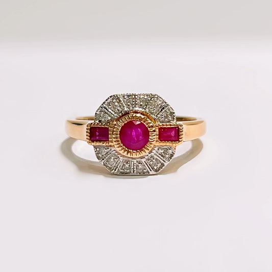 9ct Yellow Gold Art Deco Reproduction Red Ruby and Diamond Ring – Size N