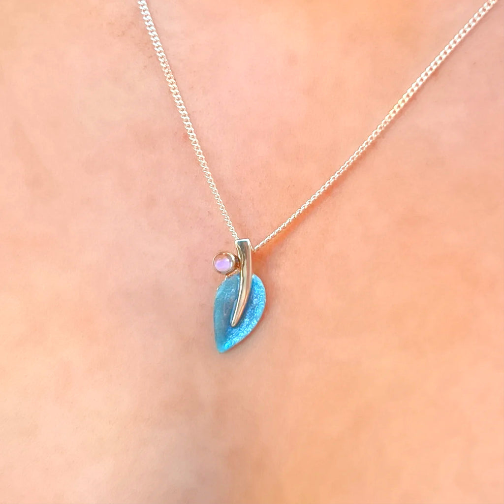 Pre-Order | Sterling Silver Sheila Fleet Blue Enamel Small Leaf Cubic Zirconia Necklace