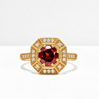Garnet and Diamond Art Deco Inspired Octagonal 9ct Yellow Gold Ring | Size M ½