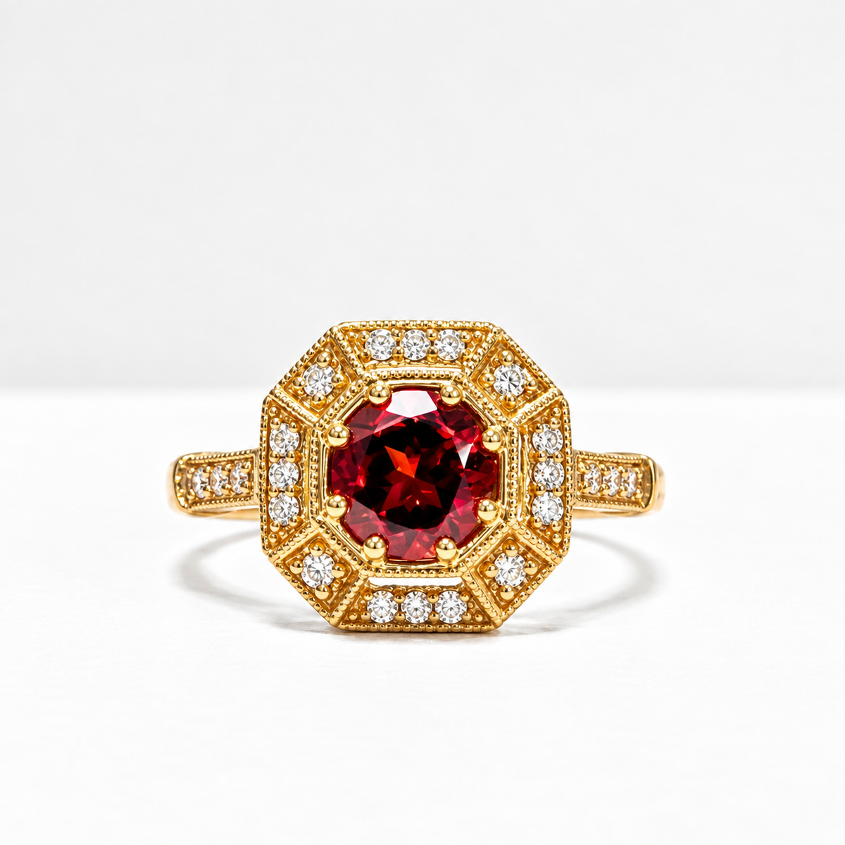 Garnet and Diamond Art Deco Inspired Octagonal 9ct Yellow Gold Ring | Size M ½