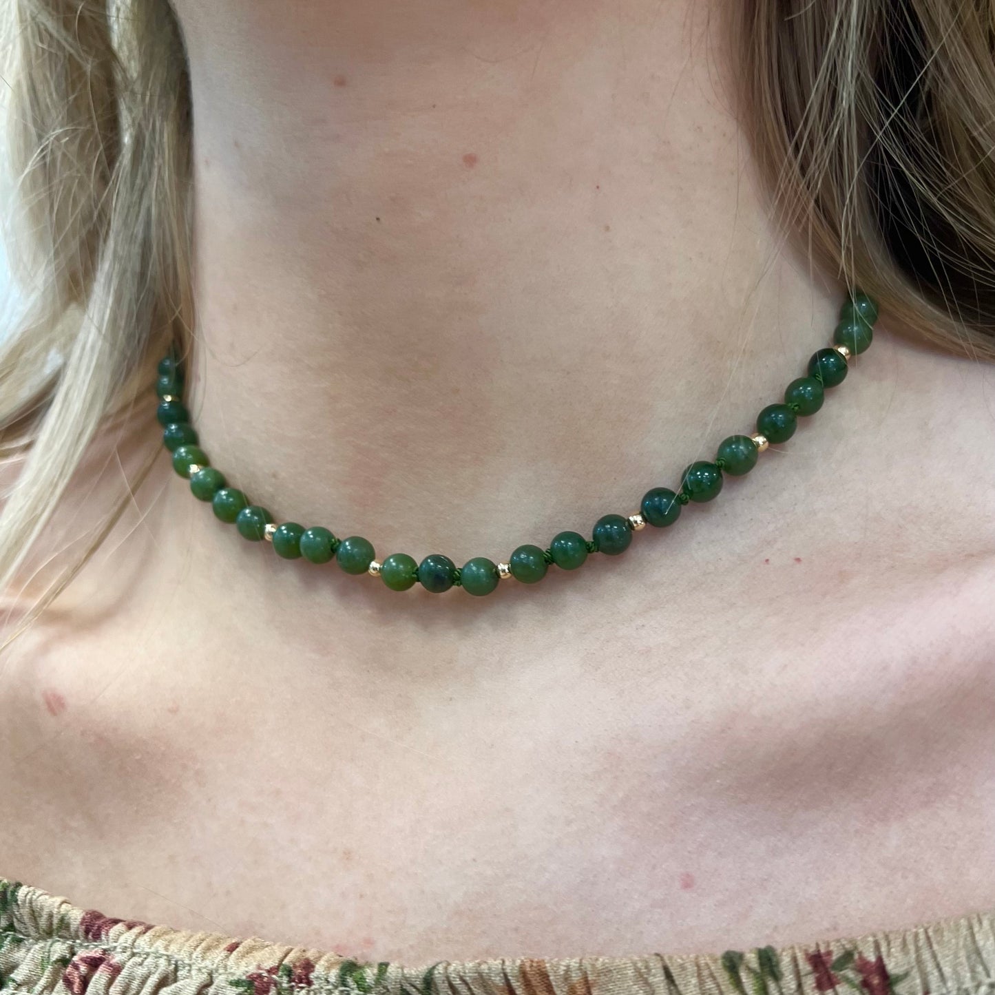 9ct Yellow Gold New Zealand Green Stone Beaded Necklace