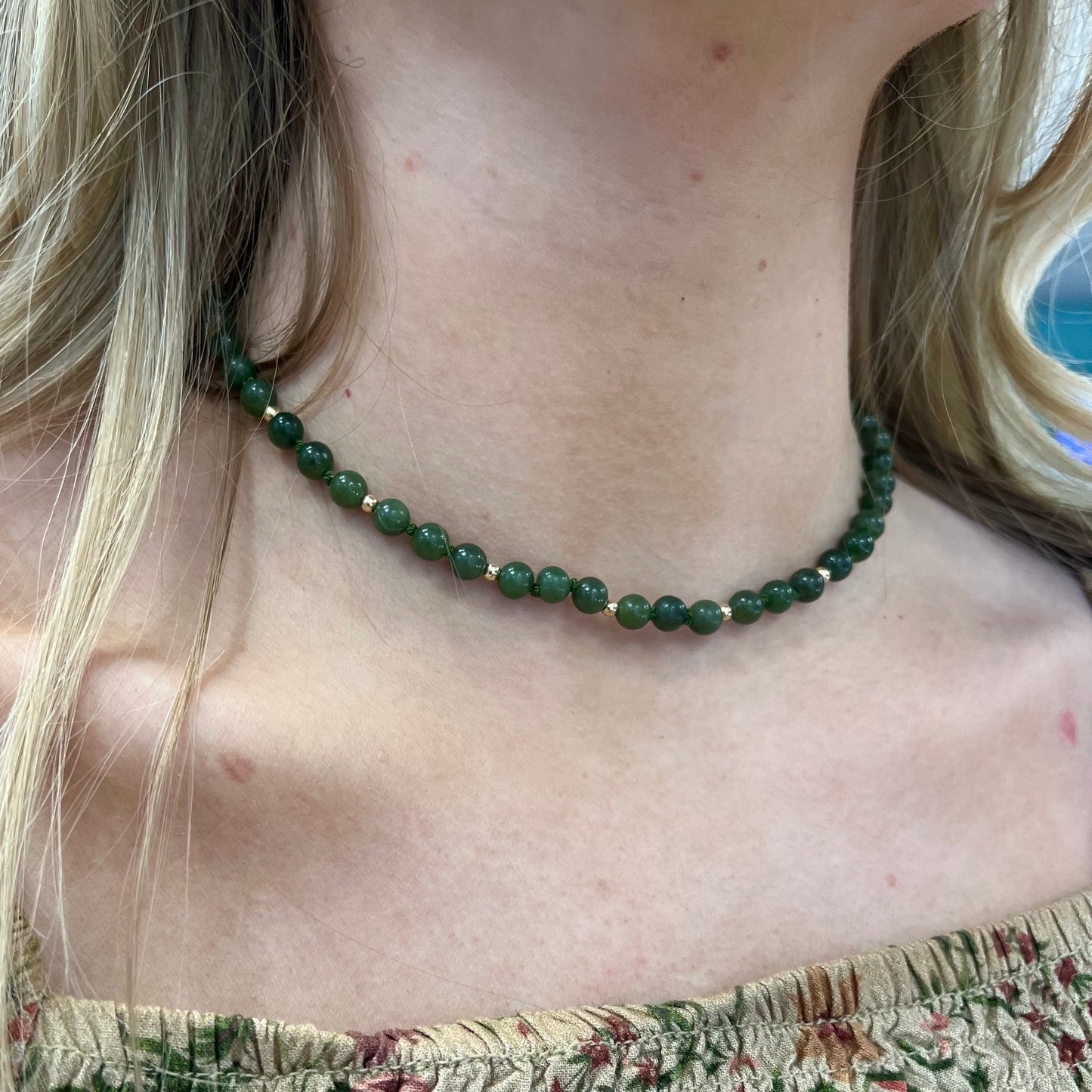 9ct Yellow Gold New Zealand Green Stone Beaded Necklace