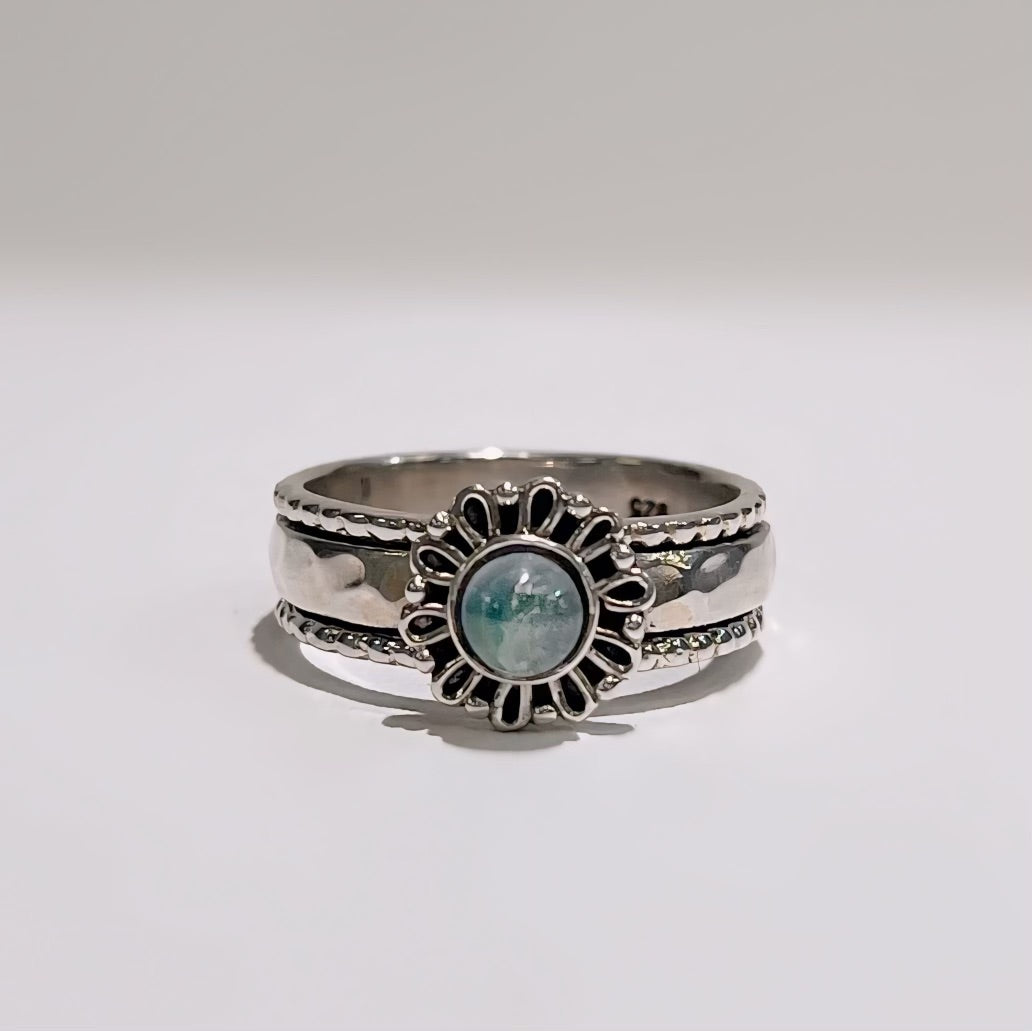 Sterling Silver Aquamarine Mandala Spinner Ring - Size S1/2