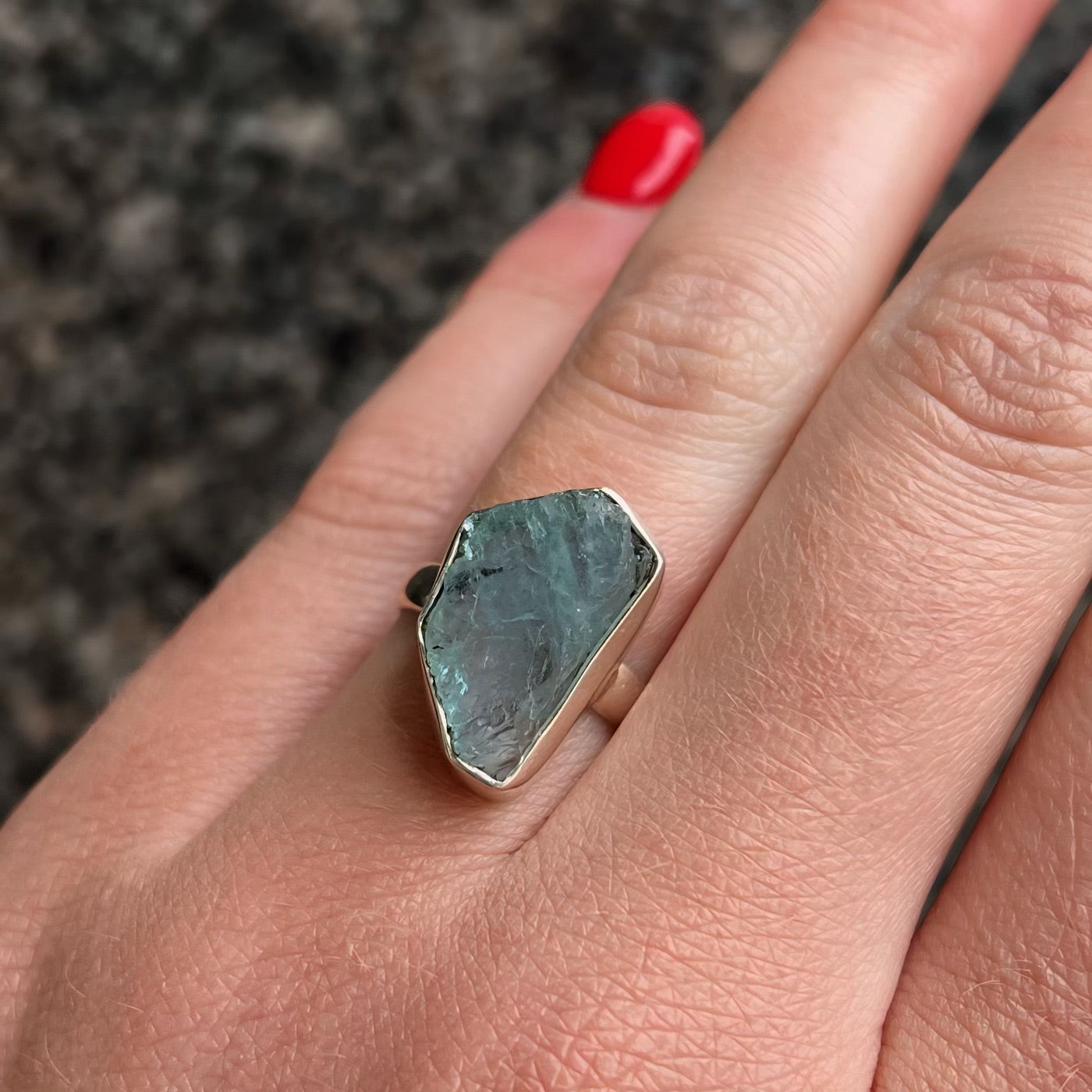 Sterling Silver Raw Aquamarine  Ring - Size K