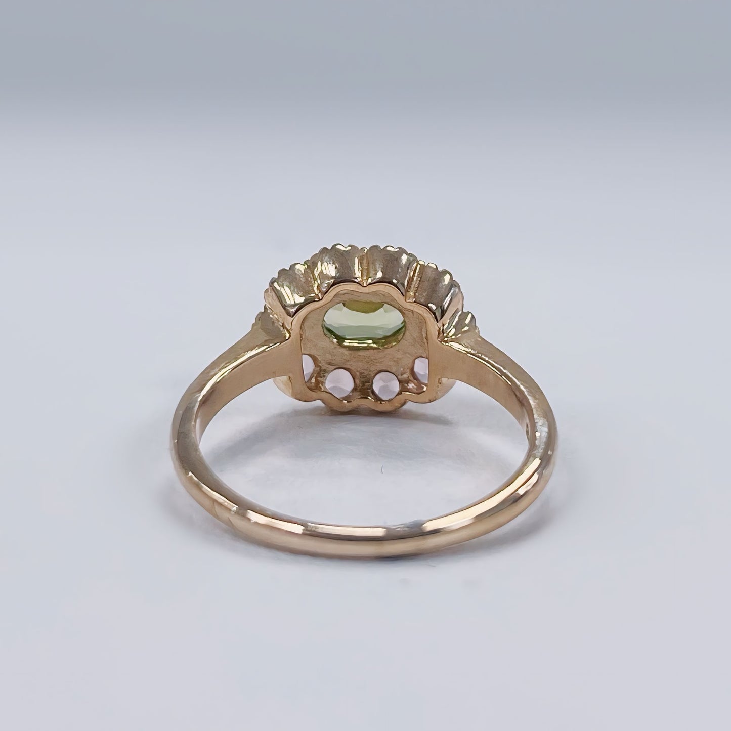 Victorian Reproduction 9ct Yellow Gold Peridot and Pink Tourmaline Floral Inspired Ring - Size O
