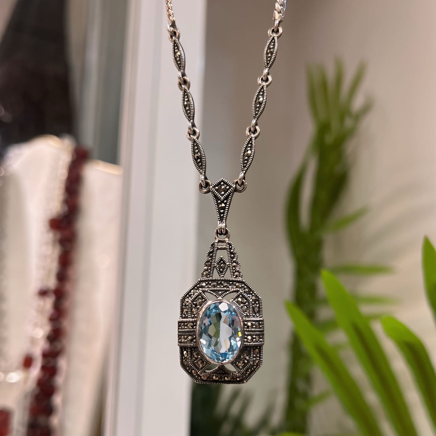 Art Deco Reproduction Sterling Silver Blue Topaz and Marcasite Necklace