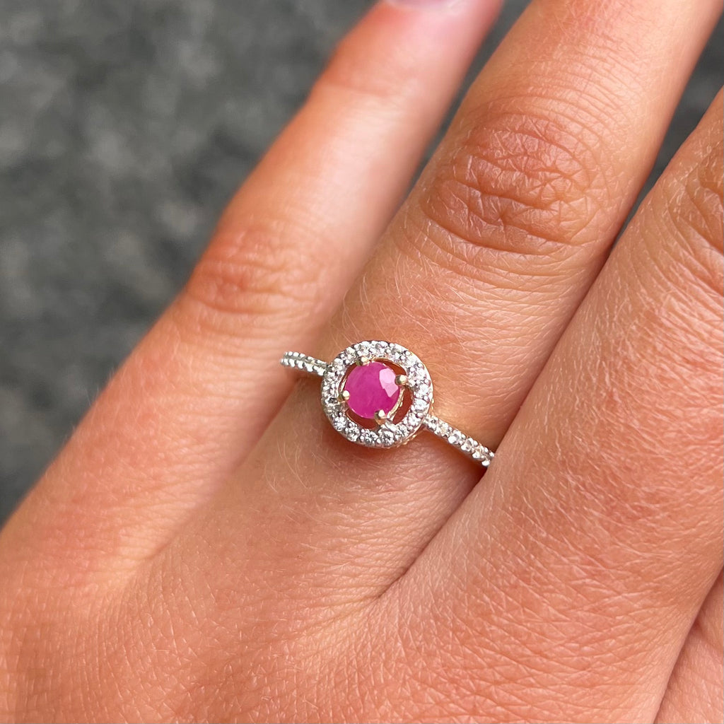 Pink Ruby and Diamond Dainty 9ct Yellow Gold Target Ring | Size N